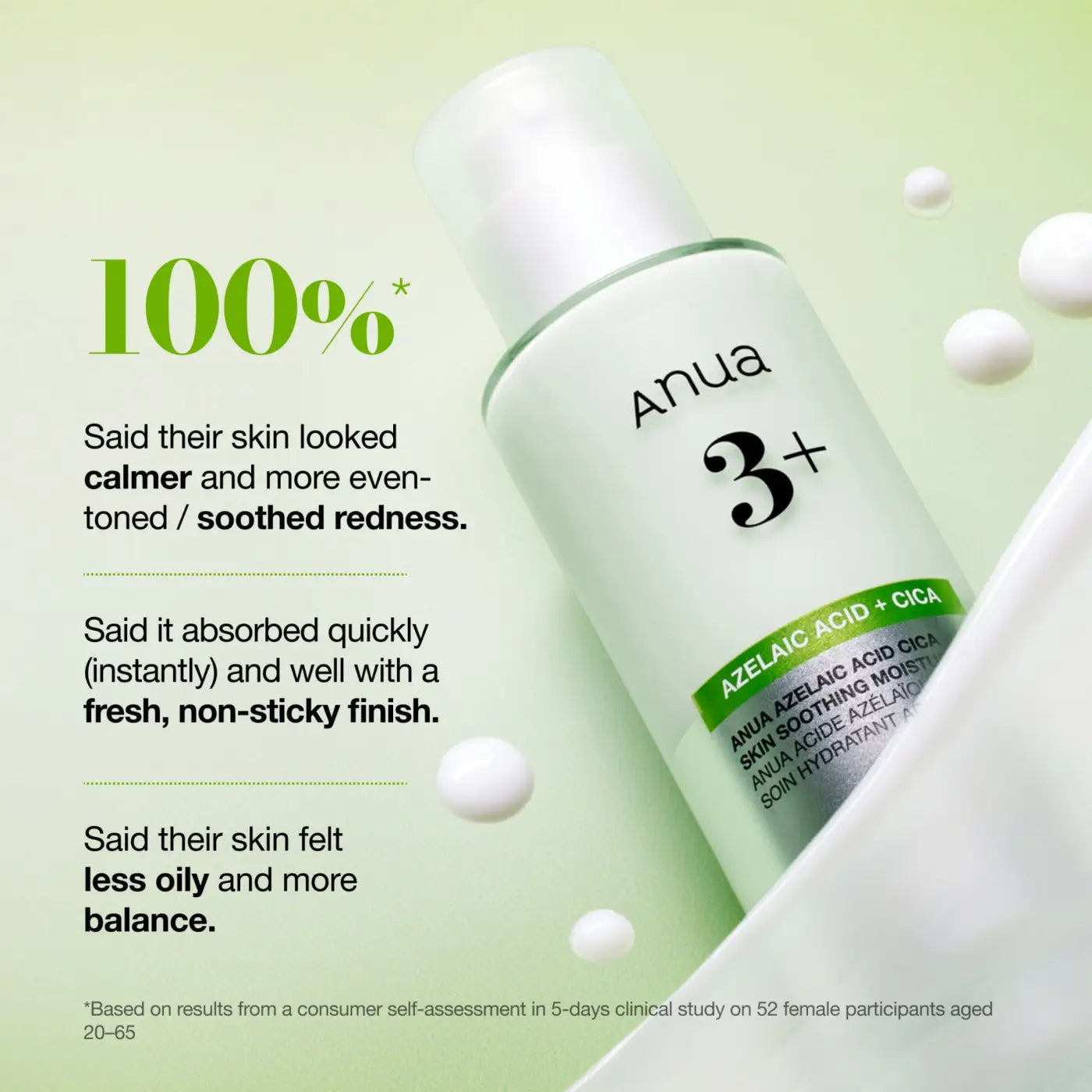 White cylindrical bottle with silver cap and green label anua 3 plus azelaic acid cica skin soothing moisturizer