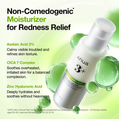 White azelaic acid cica skin soothing moisturizer bottle with clear pump dispenser labeled anua 3 plus