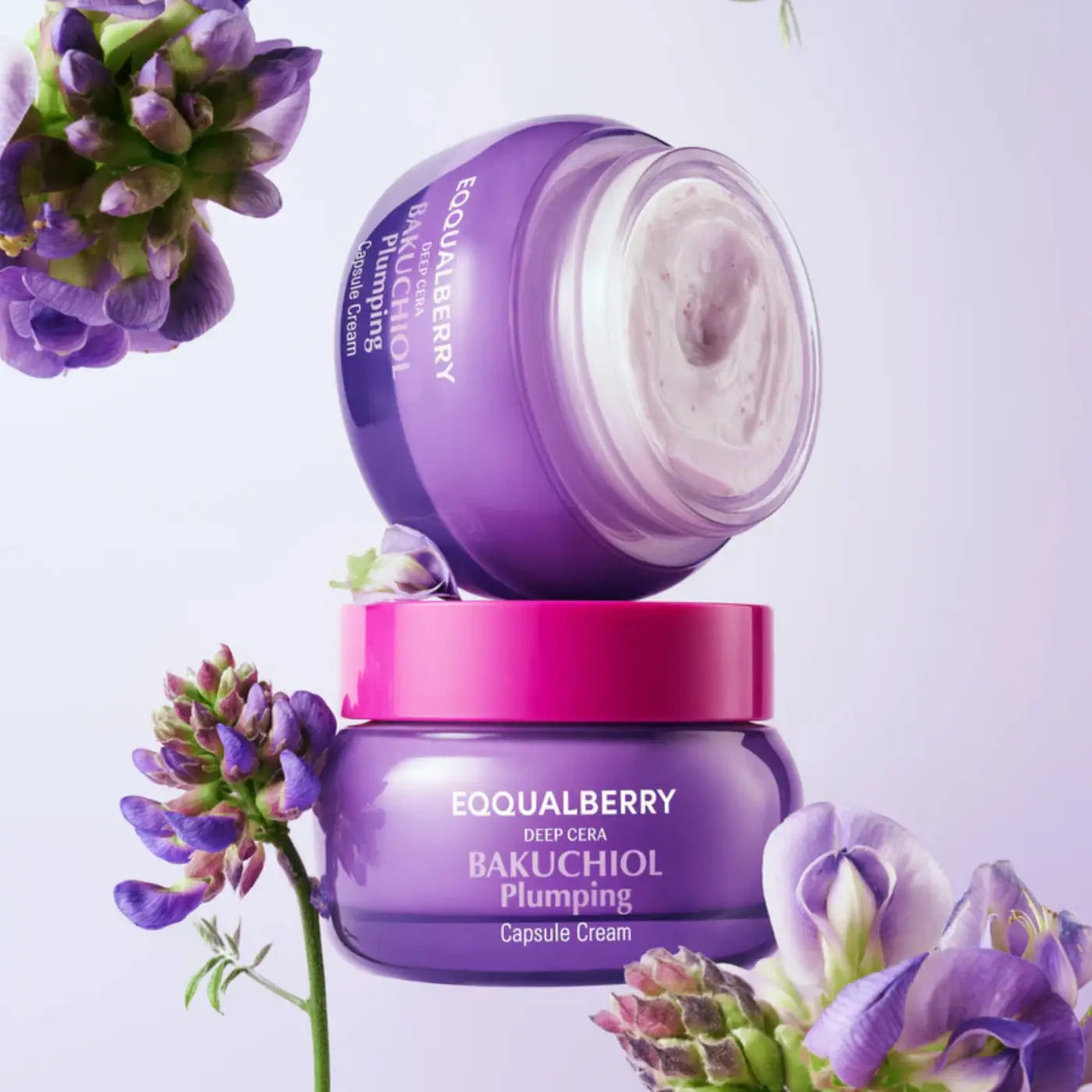 Purple and pink glass jar of equalberry bakuchiol plumping capsule cream 50ml showing white creamy texture for skin care from best korean skincare brands sa