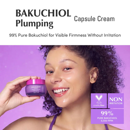 Purple jar with pink lid containing bakuchiol plumping capsule cream 50ml for skin by best korean skincare brands sa