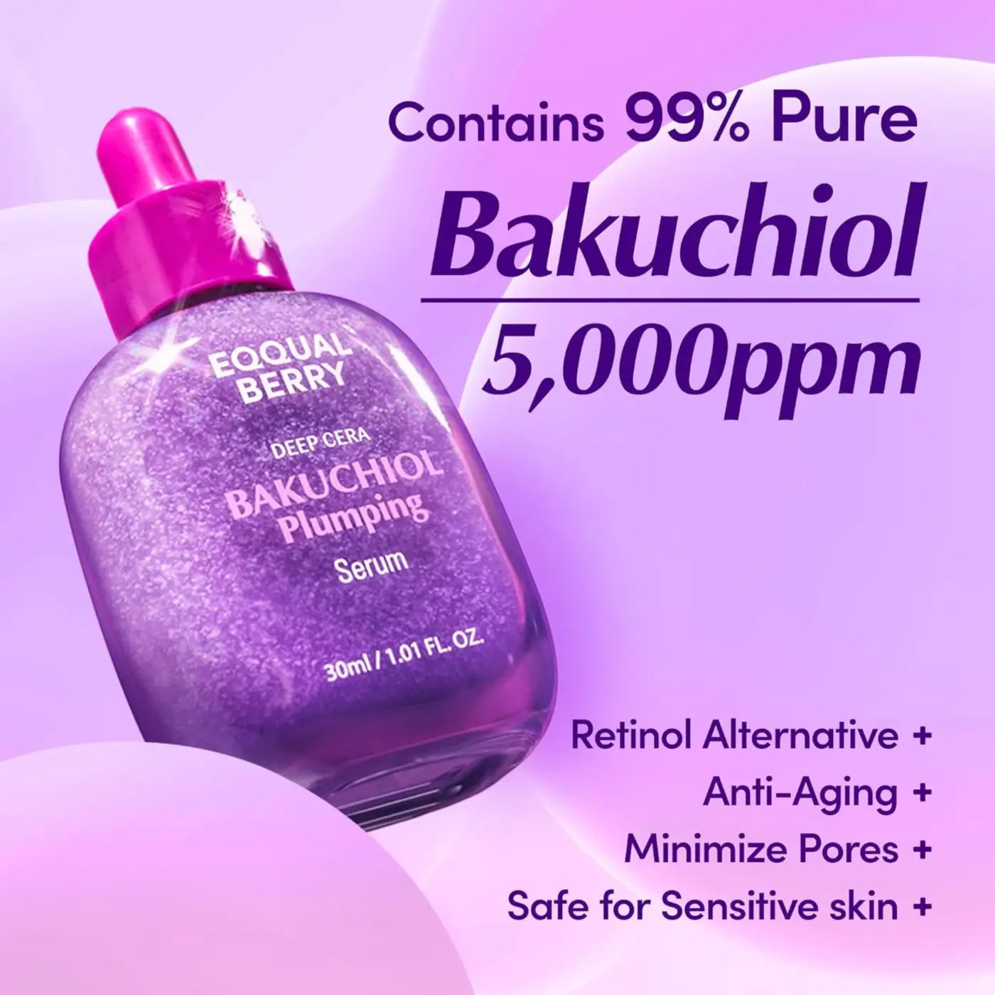 A purple glass bottle with a pink dropper cap containing 30ml bakuchiol plumping serum for skin by best korean skincare brands sa
