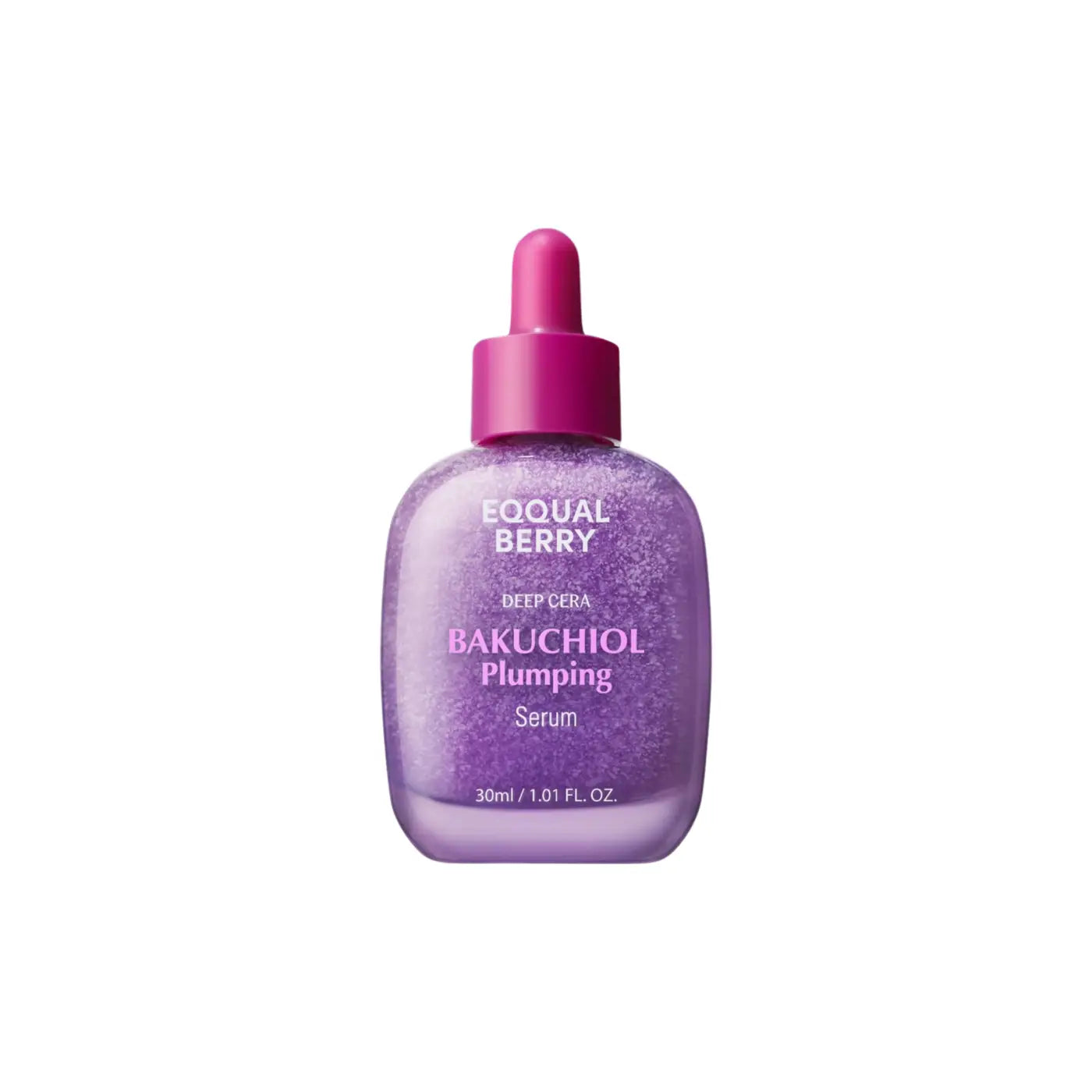 A purple glass bottle with pink dropper cap containing shimmering lavender equal berry deep cera bakuchiol plumping serum for skin by best korean skincare brands sa