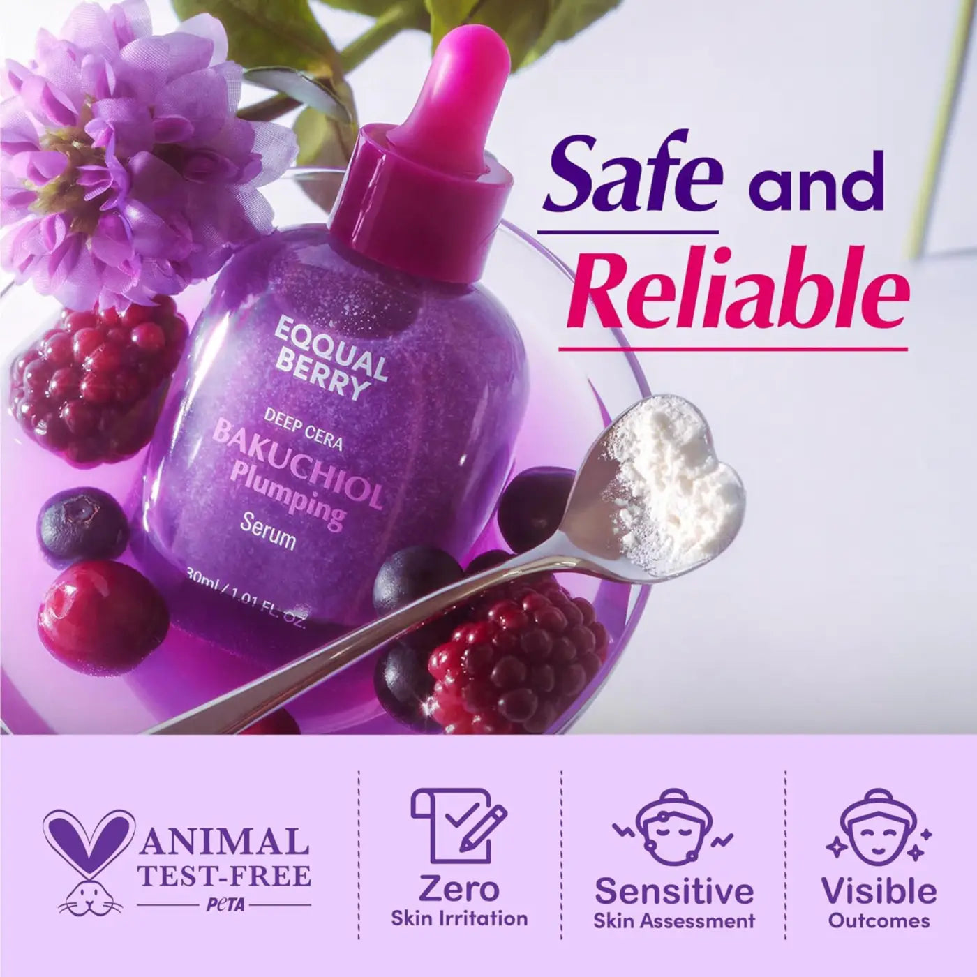 A purple glass bottle with a pink dropper cap of eqqual berry deep cera bakuchiol plumping serum with berries and flowers for skin care