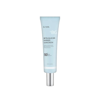Light blue tube of iunik beta glucan barrier sunscreen spf 50 pa 60ml with silver cap and white text for skin protection