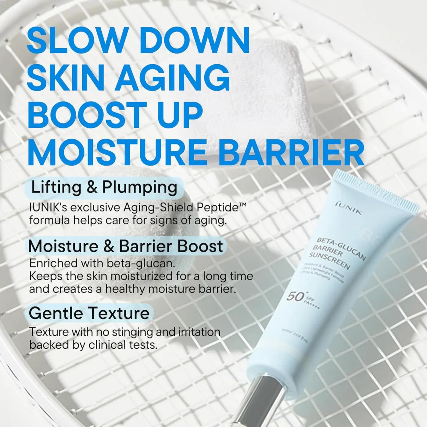 A light blue sleek tube of iunik beta glucan barrier sunscreen spf 50 pa 60ml for skin from the best korean skincare brands sa