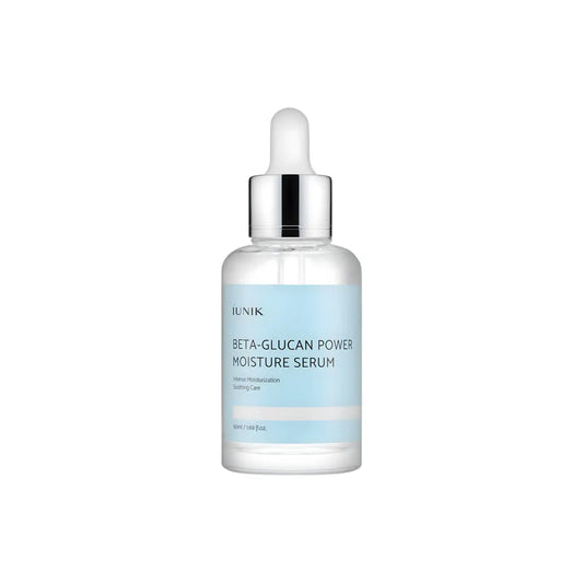 Clear glass bottle with silver dropper cap and light blue label of iunik beta glucan power moisture serum for skin from best korean skincare brands sa
