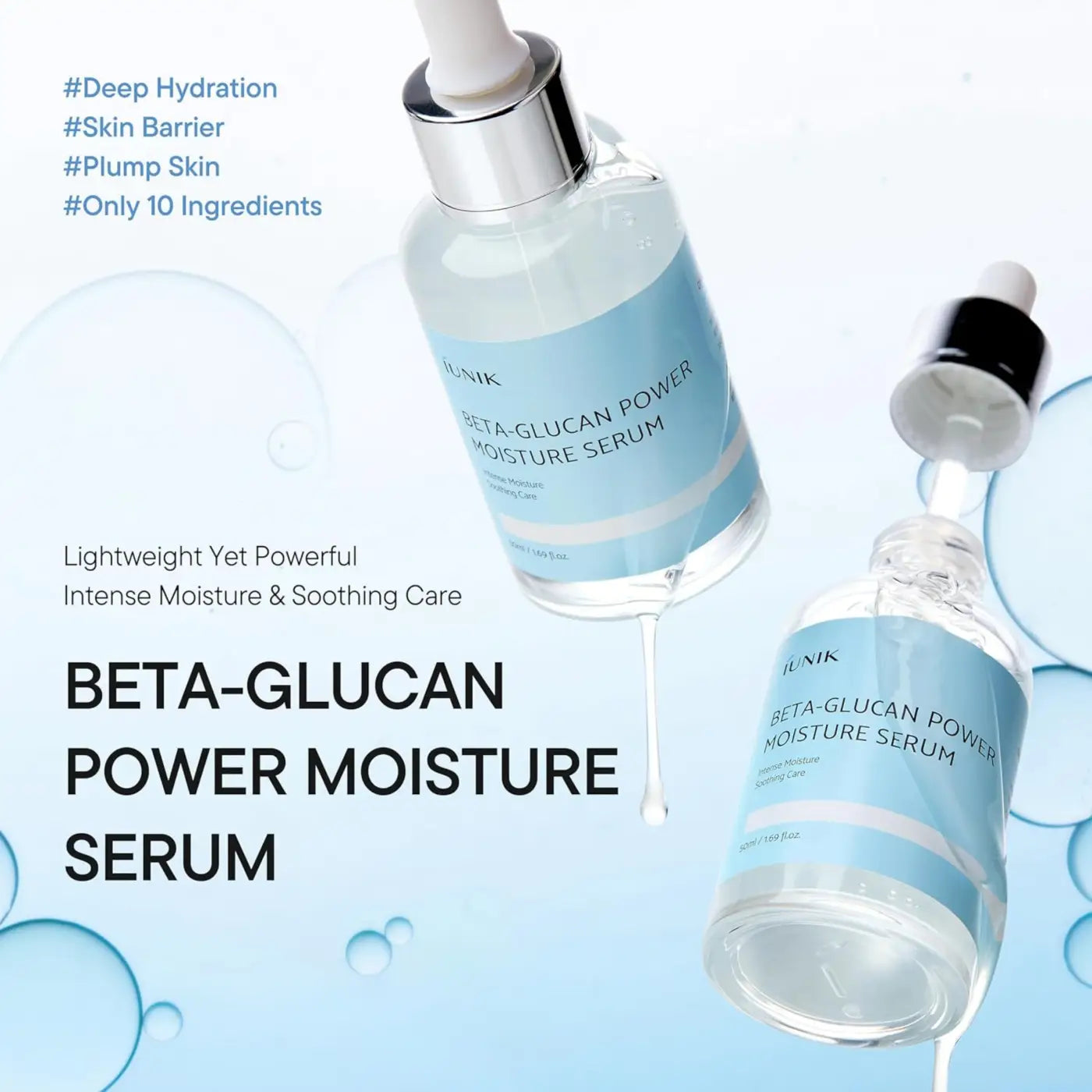 Clear glass bottle of junik beta glucan power moisture serum with silver dropper cap for skin hydration from best korean skincare brands sa