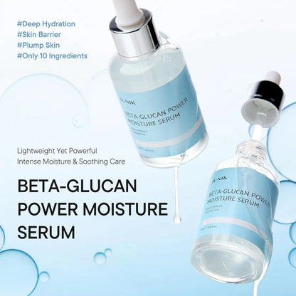 Clear glass bottle of junik beta glucan power moisture serum with silver dropper cap for skin hydration from best korean skincare brands sa