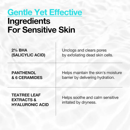 Back label of bha 2% gentle exfoliating toner 150ml with salicylic acid panthenol ceramides tea tree and hyaluronic acid