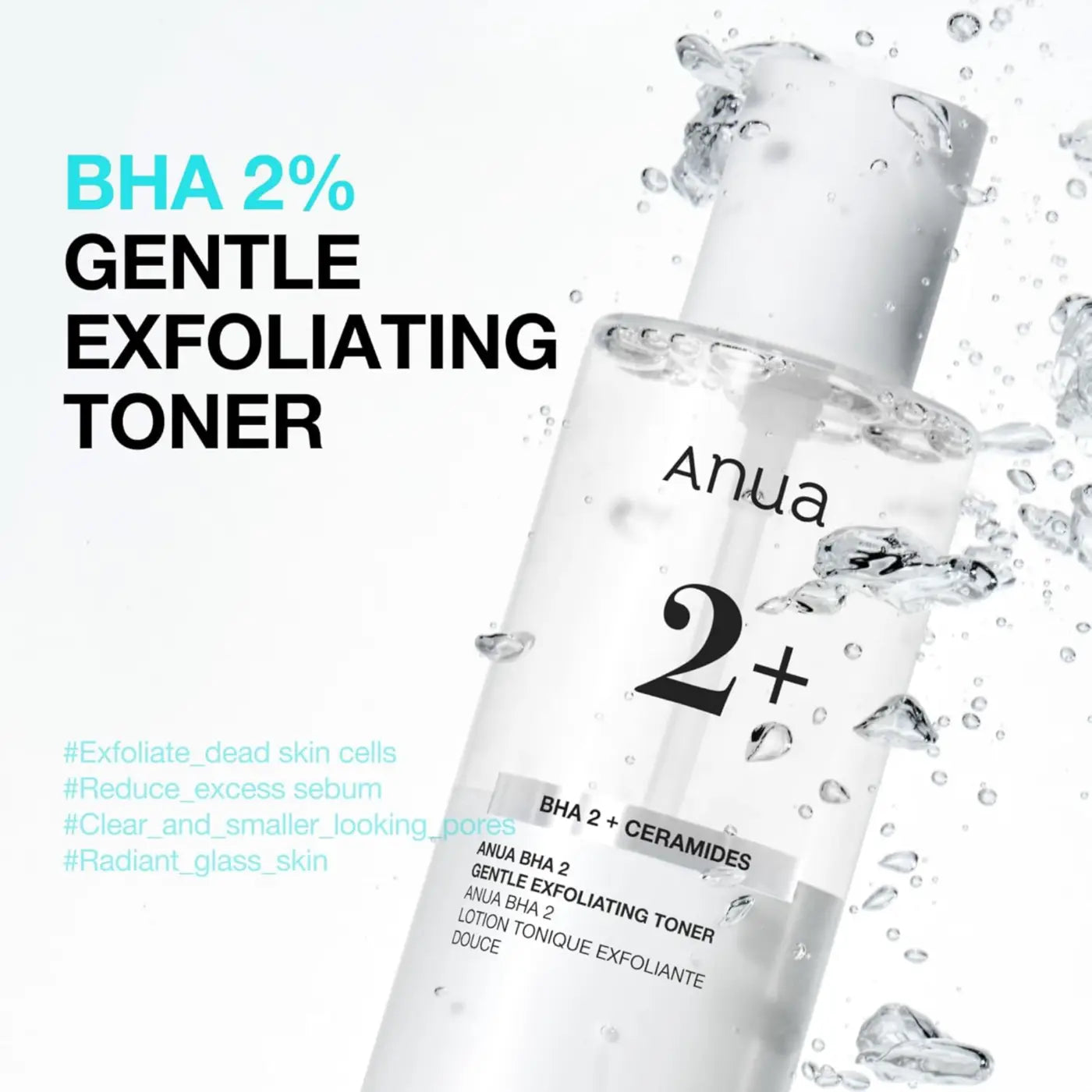 Clear glass bottle of anua bha 2% gentle exfoliating toner 150ml with white pump and minimalist black label containing salicylic acid