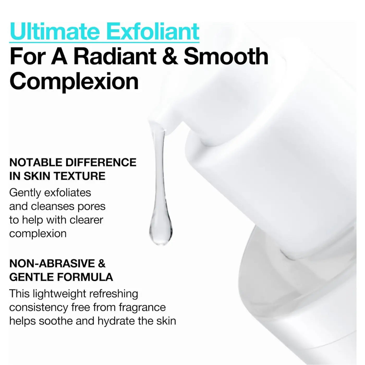 White plastic bottle of bha 2% gentle exfoliating toner 150ml with clear liquid droplet from salicylic acid pump