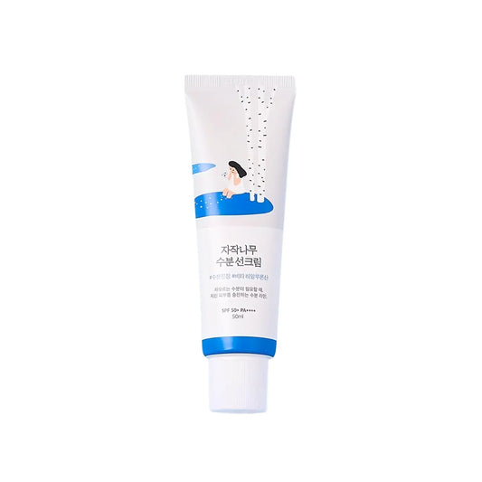 White tube of birch juice moisturizing sunscreen spf50+ pa++++ with blue accents and cartoon illustration on label