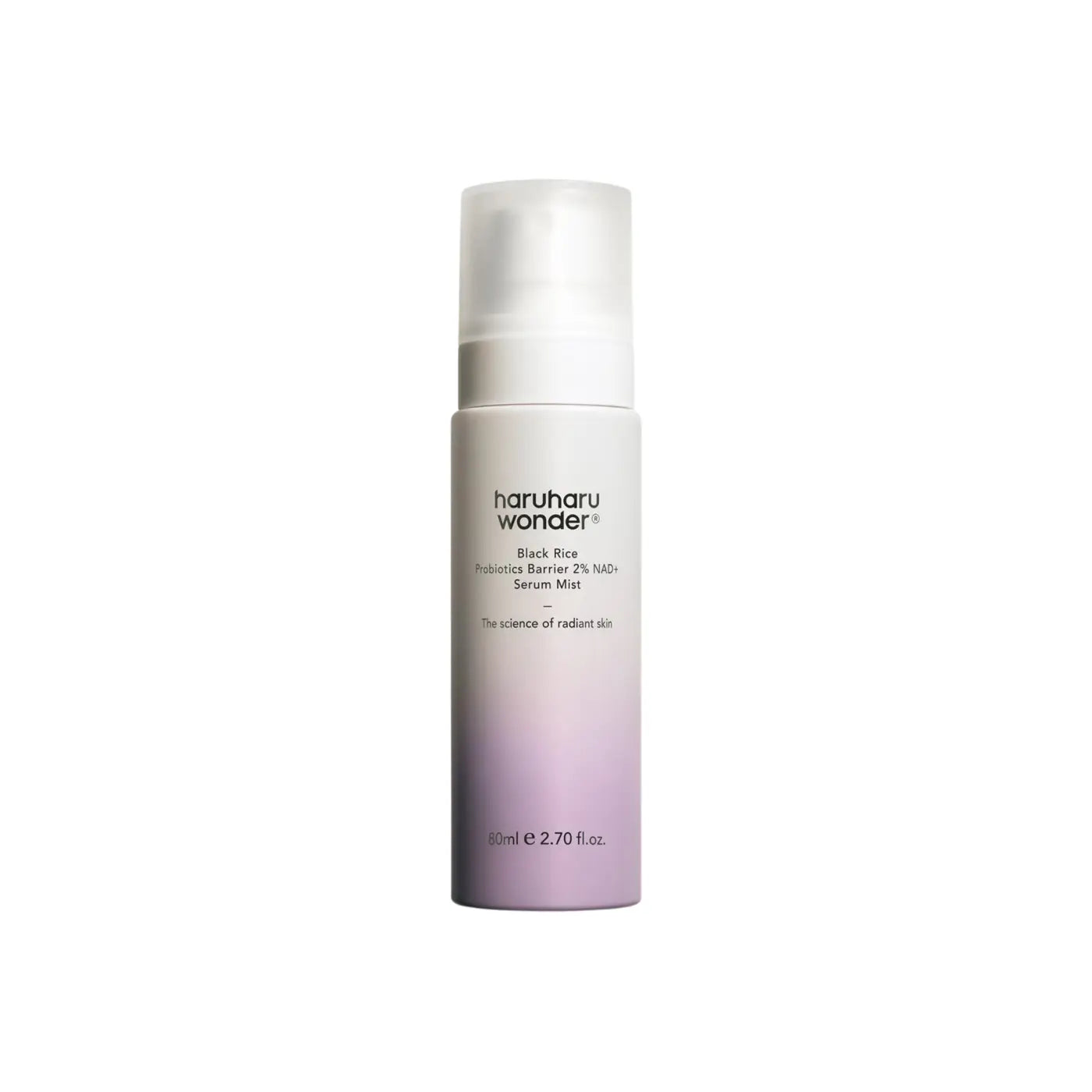 A sleek gradient purple to white cylindrical bottle of haruharu wonder black rice probiotics barrier 2% nad serum mist