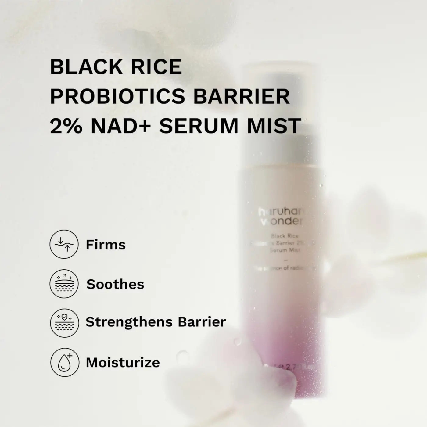 A sleek translucent bottle with pink-to-white gradient and frosted cap contains black rice probiotics barrier 2% nad serum mist