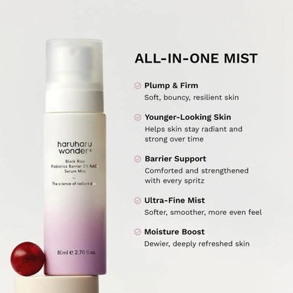 A sleek gradient-pink to white cylindrical mist bottle with frosted nozzle for black rice probiotics barrier serum