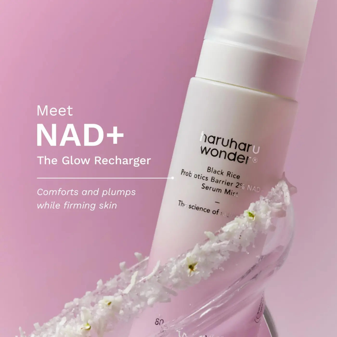 A sleek white bottle of haruharu wonder black rice probiotics barrier 2% nad serum mist with ferment filtrate