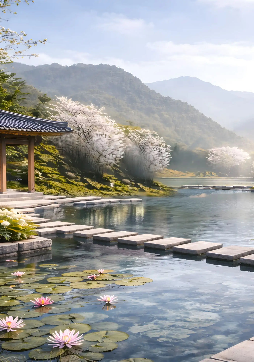 A serene japanese garden pond with pink and white water lilies floating on calm, reflective waters.