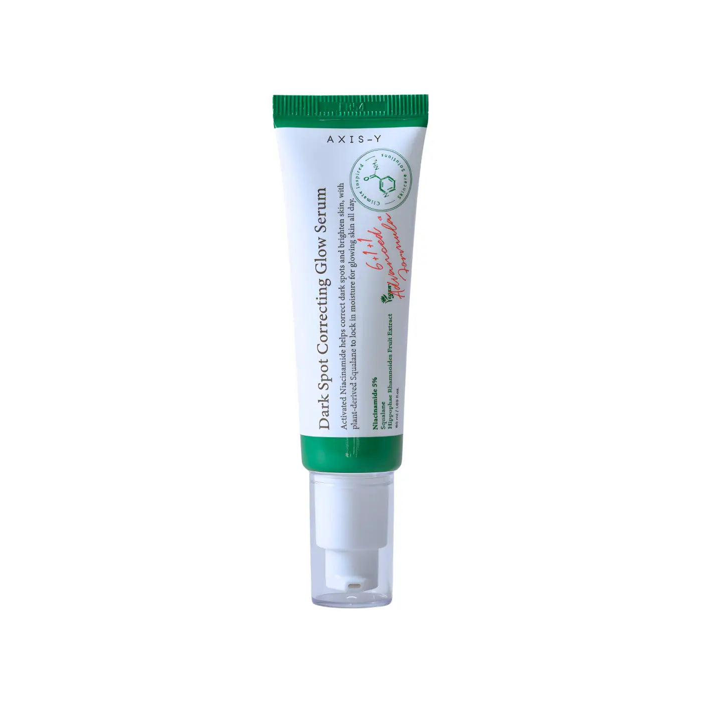 Green-topped white tube of axis-y dark spot correcting glow serum with clear pump dispenser for moisture barrier care