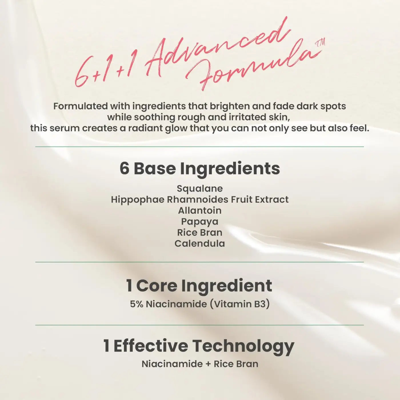 A creamy white dark spot correcting glow serum bottle with 6+1+1 formula featuring niacinamide and rice bran for moisture barrier