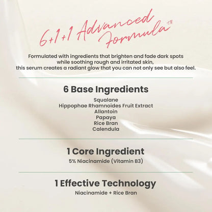 A creamy white dark spot correcting glow serum bottle with 6+1+1 formula featuring niacinamide and rice bran for moisture barrier