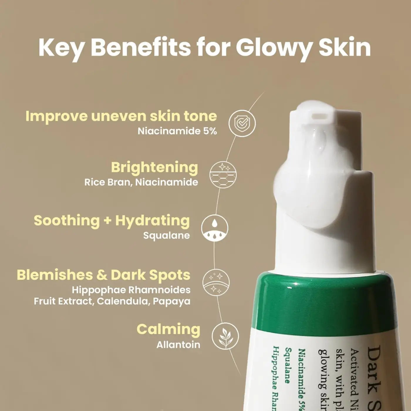 Green-tinted dark spot correcting glow serum pump bottle with white cap detailing moisture barrier ingredients