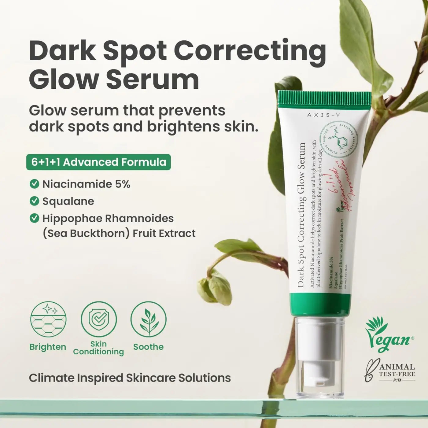 Green and white tube of axis-y dark spot correcting glow serum with silver pump for spot correcting and moisture barrier care