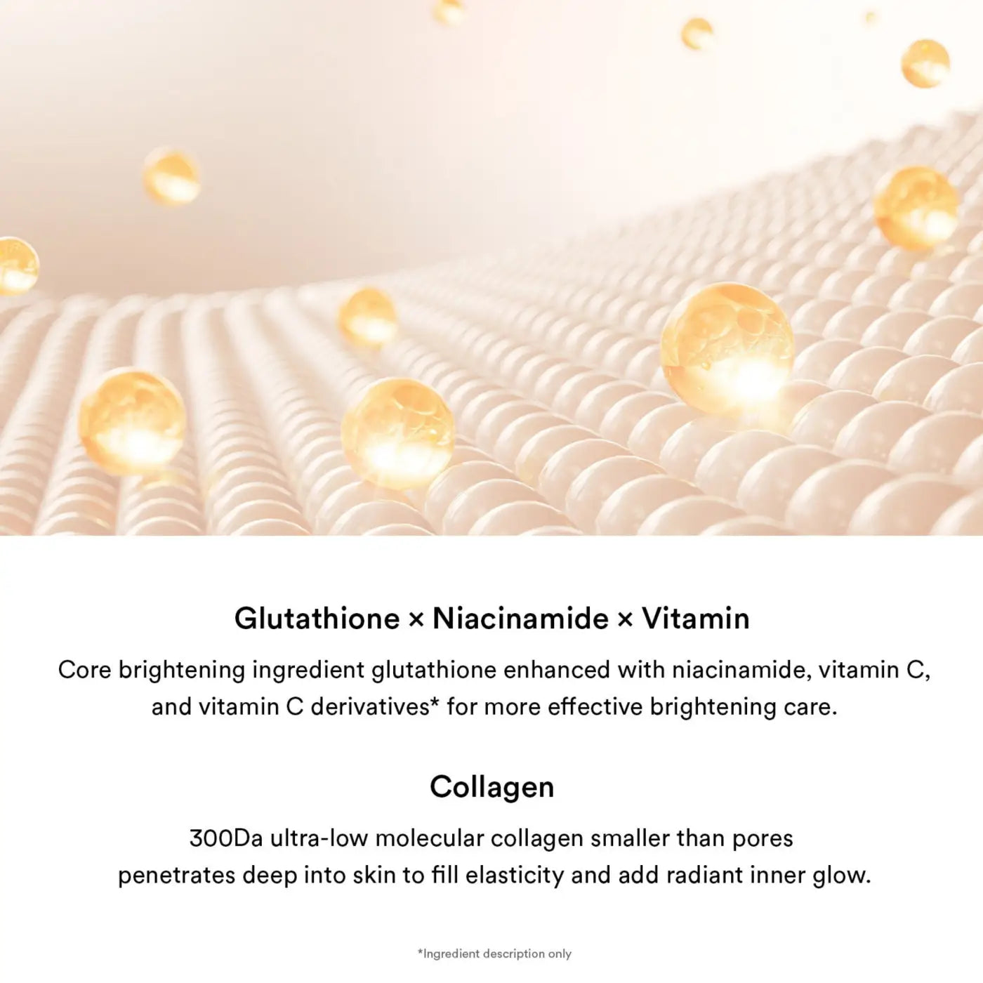 Close-up of glow collagen mask glutathione film showing textured beige fabric with golden particles for k-beauty south africa