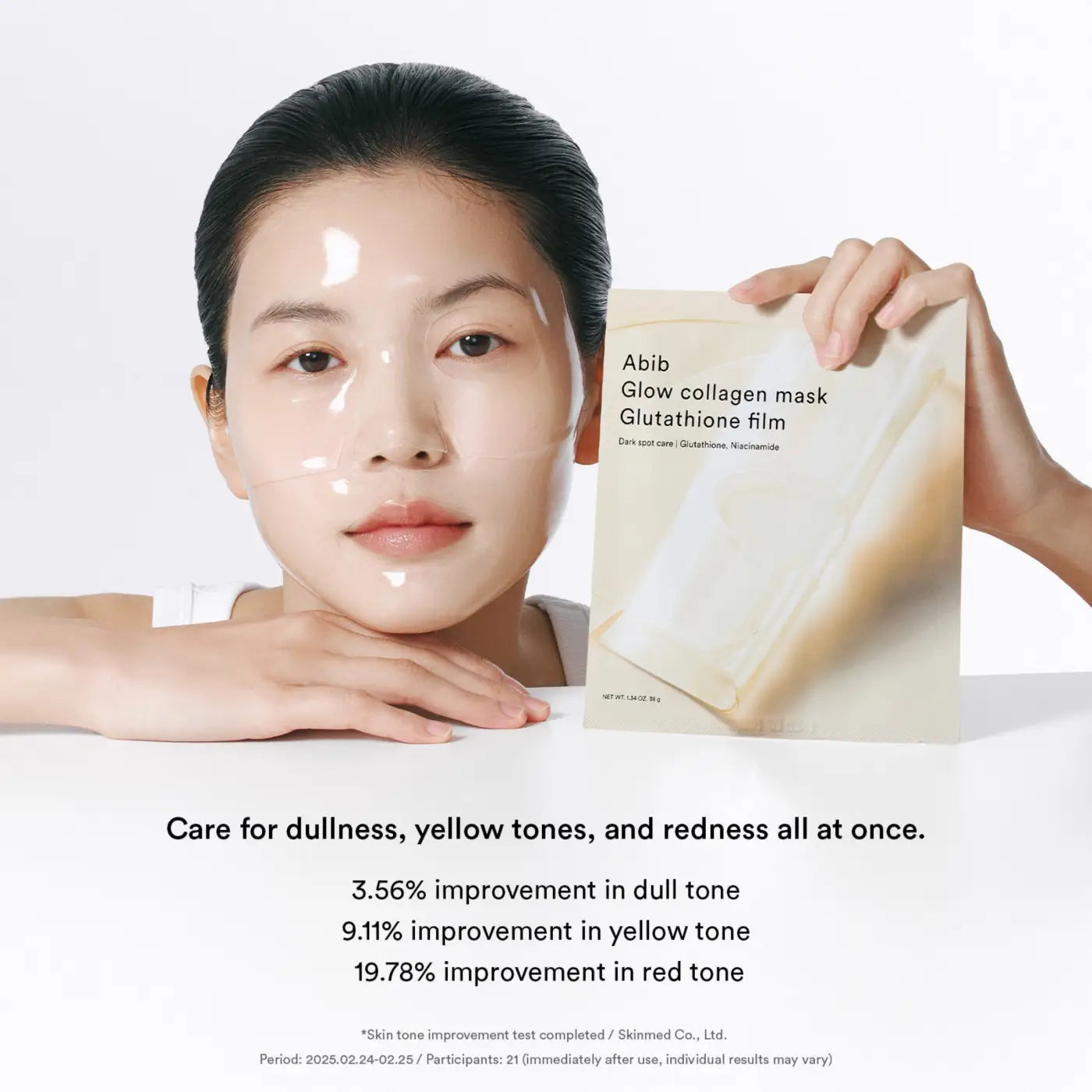A woman wearing a translucent sheet mask holds a beige glow collagen mask glutathione film packet for k-beauty South Africa