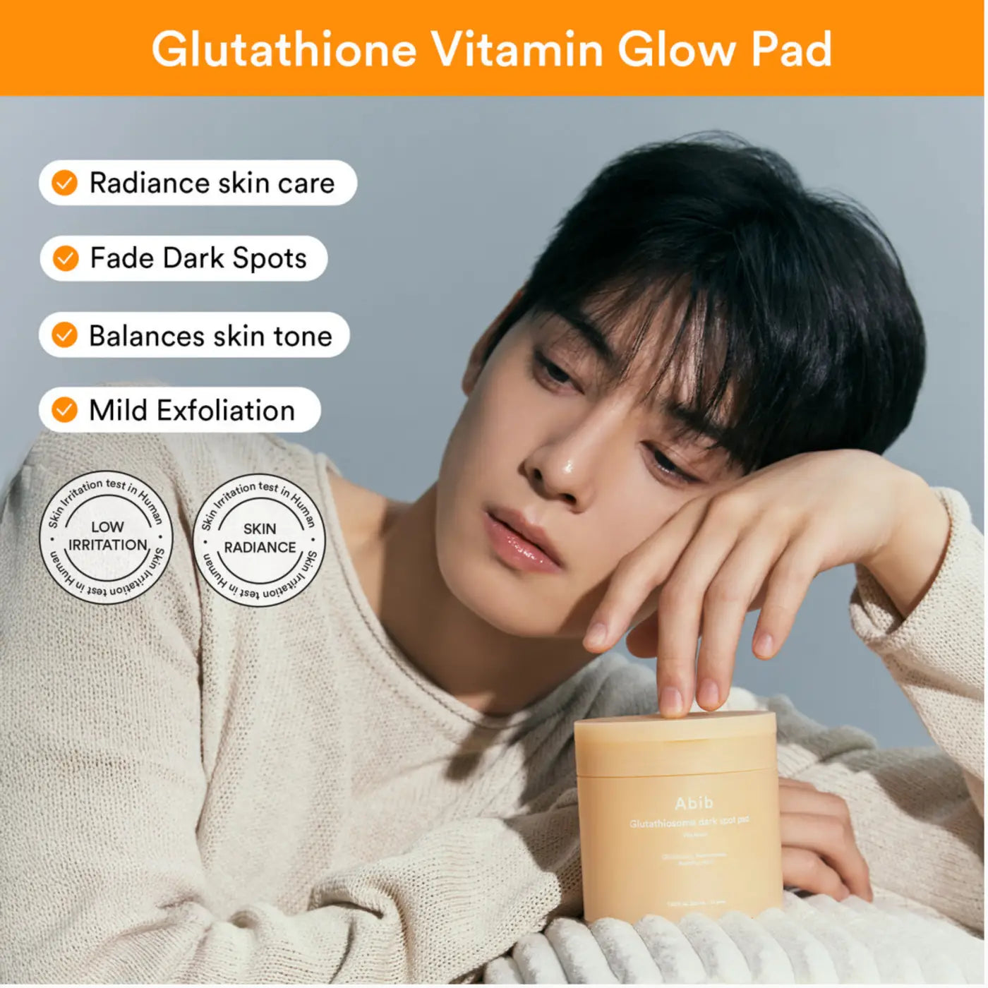 Beige cylindrical container of glutathiosome dark spot pad vita touch with minimalist branding for brightening vitamin c toner