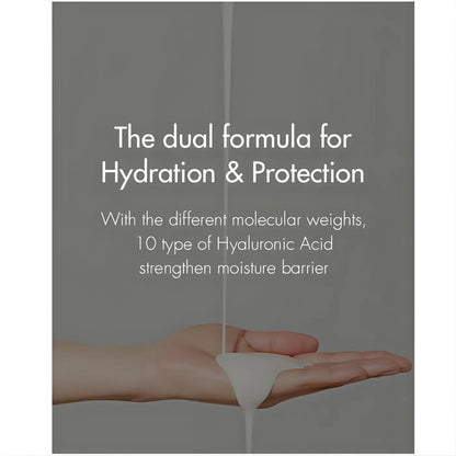 A creamy white hyal reyouth moisture sun spf 50+ pa++++ serum being poured into a hand for hydrating skincare use