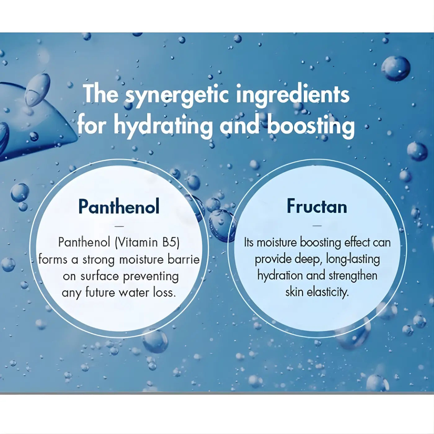 Two circular panels on blue water droplet background highlight panthenol and fructan benefits in ceuracle hyal reyouth SPF 50+