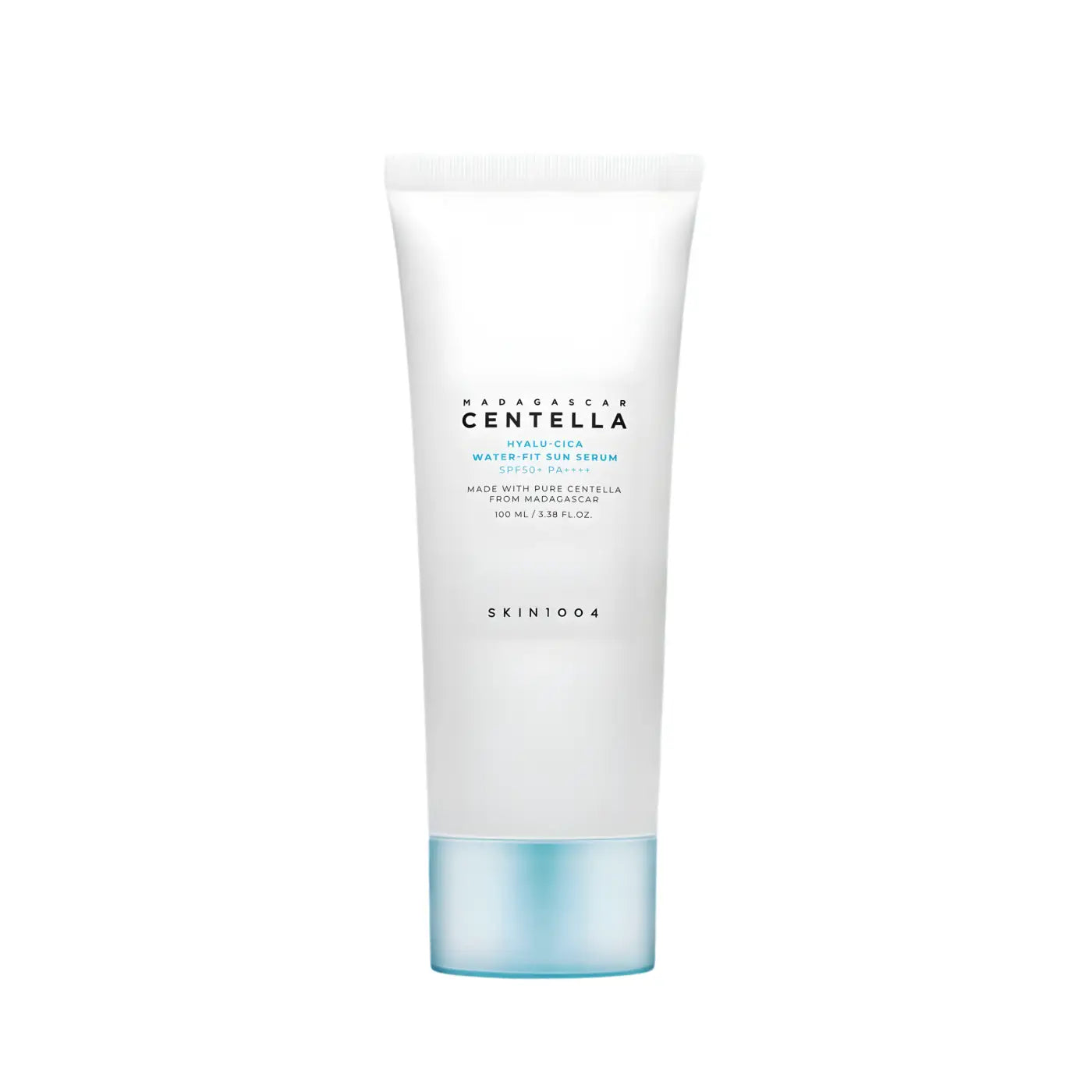 White tube of skin1004 madagascar centella hyalu-cica water-fit sun serum 100ml with translucent blue base for authentic korean skincare to maintain moisture