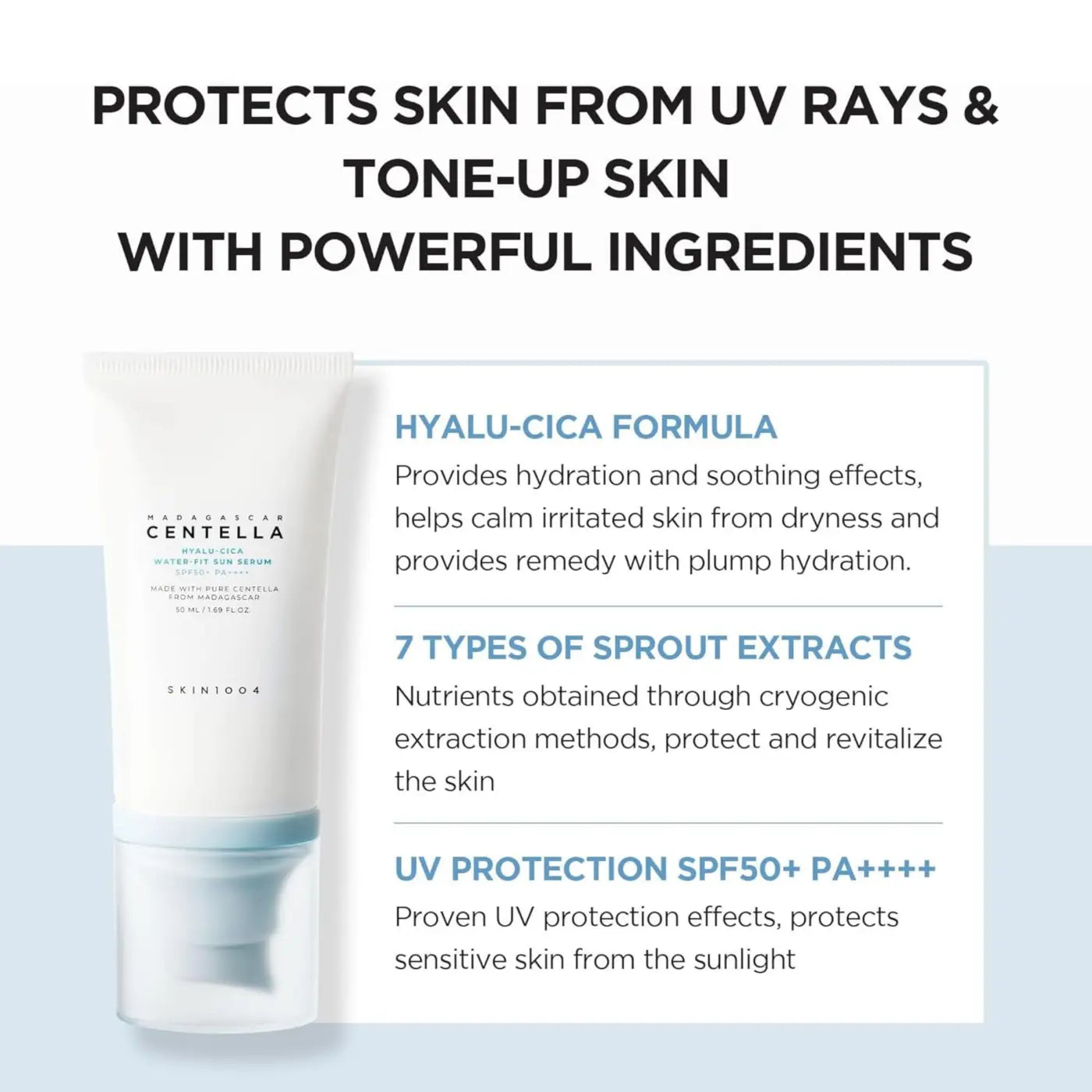 White tube of hyalu-cica water-fit sun serum 100ml with translucent blue cap for authentic korean skincare to maintain moisture
