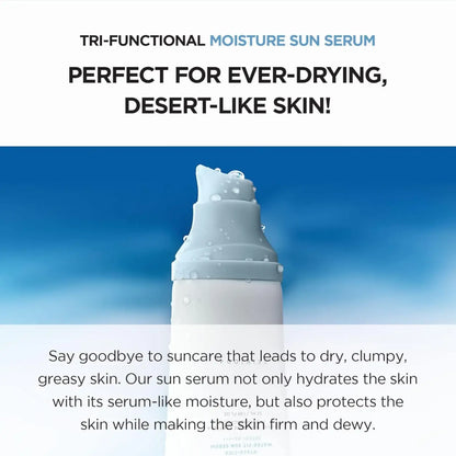 A sleek white frosted pump bottle of hyalu-cica water-fit sun serum 100ml with droplets for authentic korean skincare to maintain moisture