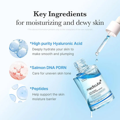 Clear glass bottle of medicube hyaluronic multi peptide serum 30ml with white dropper and blue liquid inside