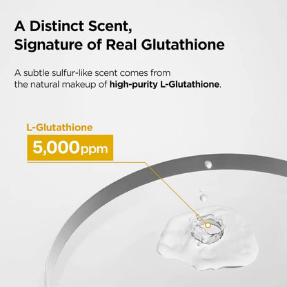 A clear liquid toner with 5000 ppm high purity l-glutathione and subtle sulfur scent for skin vitamin boost use
