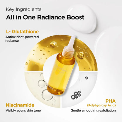 A clear glass bottle with a white dropper cap filled with golden yellow urcell plus serum for skin vitamin boost