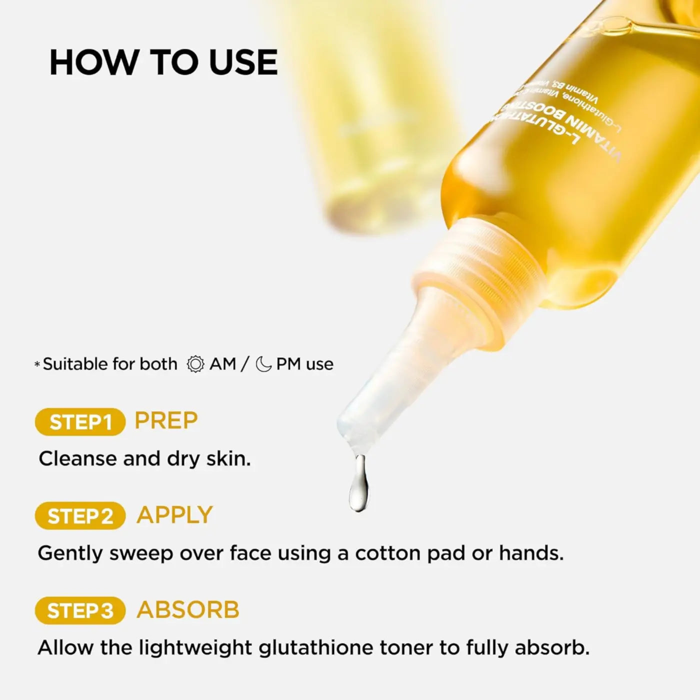 A clear glass bottle with white dropper cap filled with golden-yellow l-glutathione vitamin booster for skin vitality
