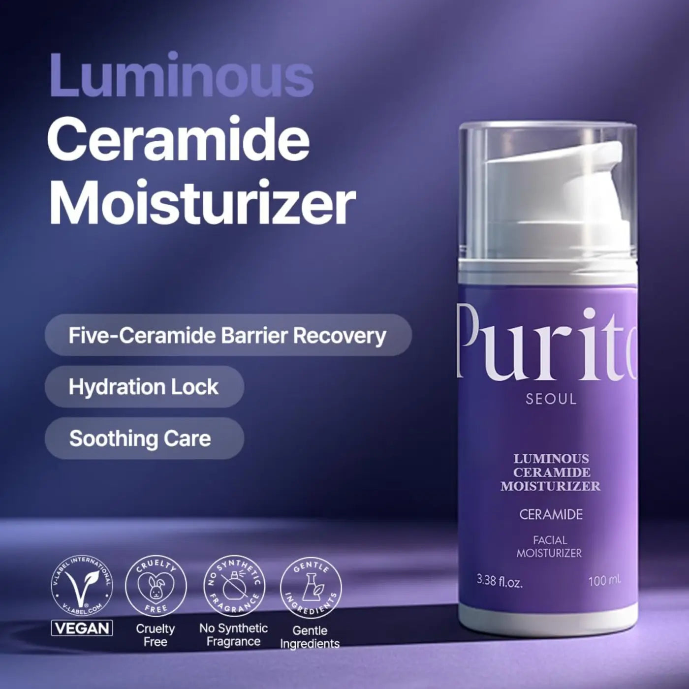 Purple cylindrical bottle of purito seoul luminous ceramide moisturizer 100ml with white pump and clear cap