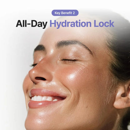 A radiant woman with dewy skin smiles gently showcasing the luminous ceramide moisturizer for glowing hydration