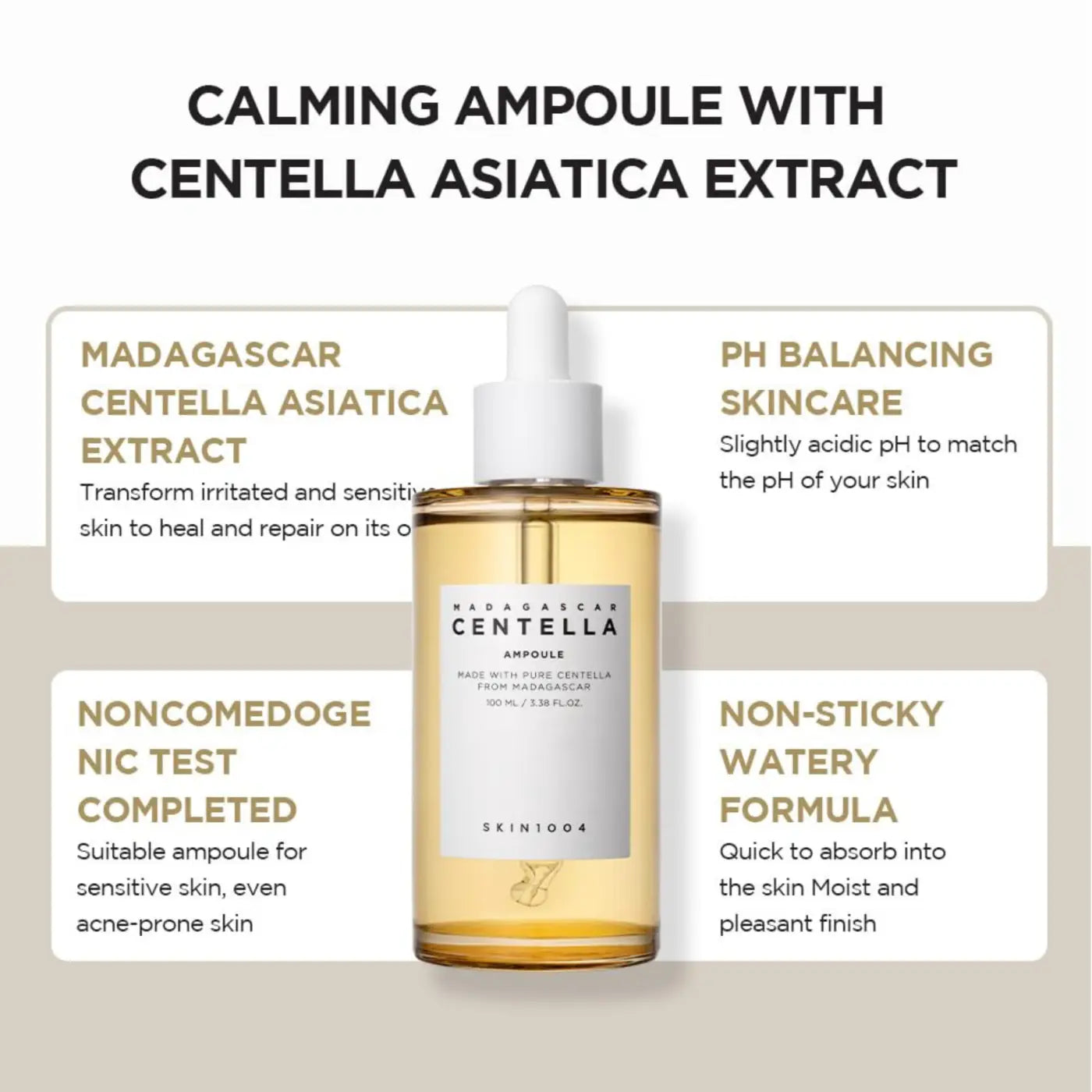 A clear glass bottle with a white dropper cap contains golden-yellow madagascar centella ampoule by skin1004 authentic korean skincare