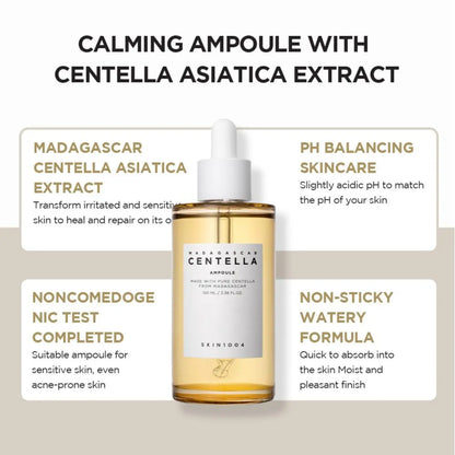 A clear glass bottle with a white dropper cap contains golden-yellow madagascar centella ampoule by skin1004 authentic korean skincare