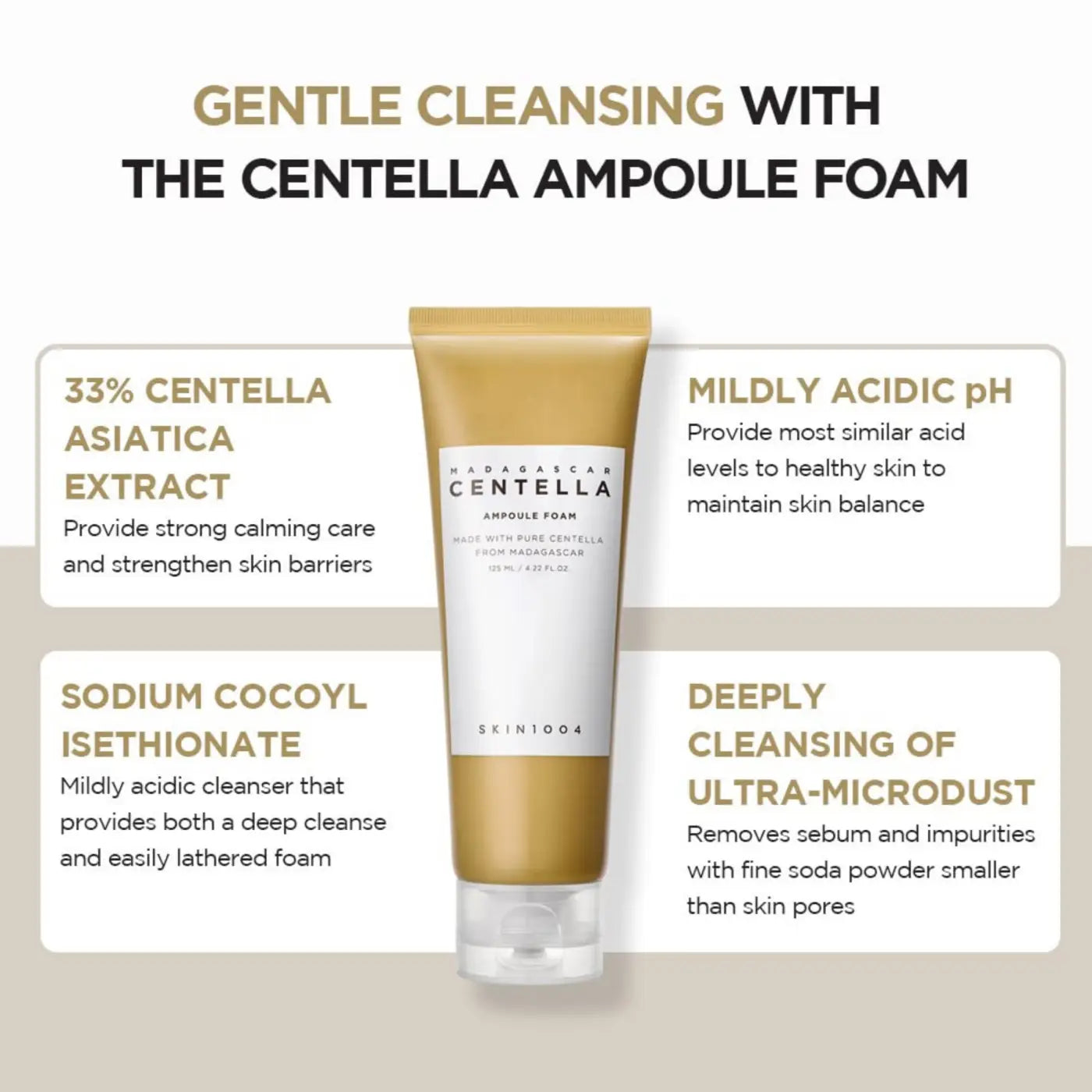 A gold-tinted centella ampoule foam tube by skin1004 with white label and clear cap from madagascar centella cleansing duo