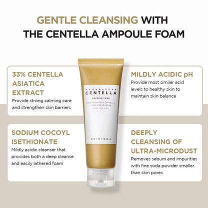 A gold-tinted centella ampoule foam tube by skin1004 with white label and clear cap from madagascar centella cleansing duo