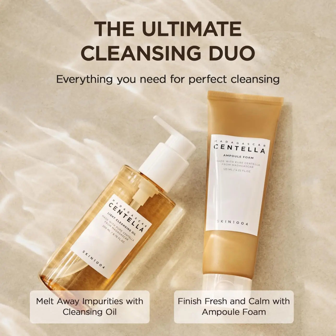 Madagascar centella double cleansing duo with golden cleansing oil in a clear glass bottle and white pump head