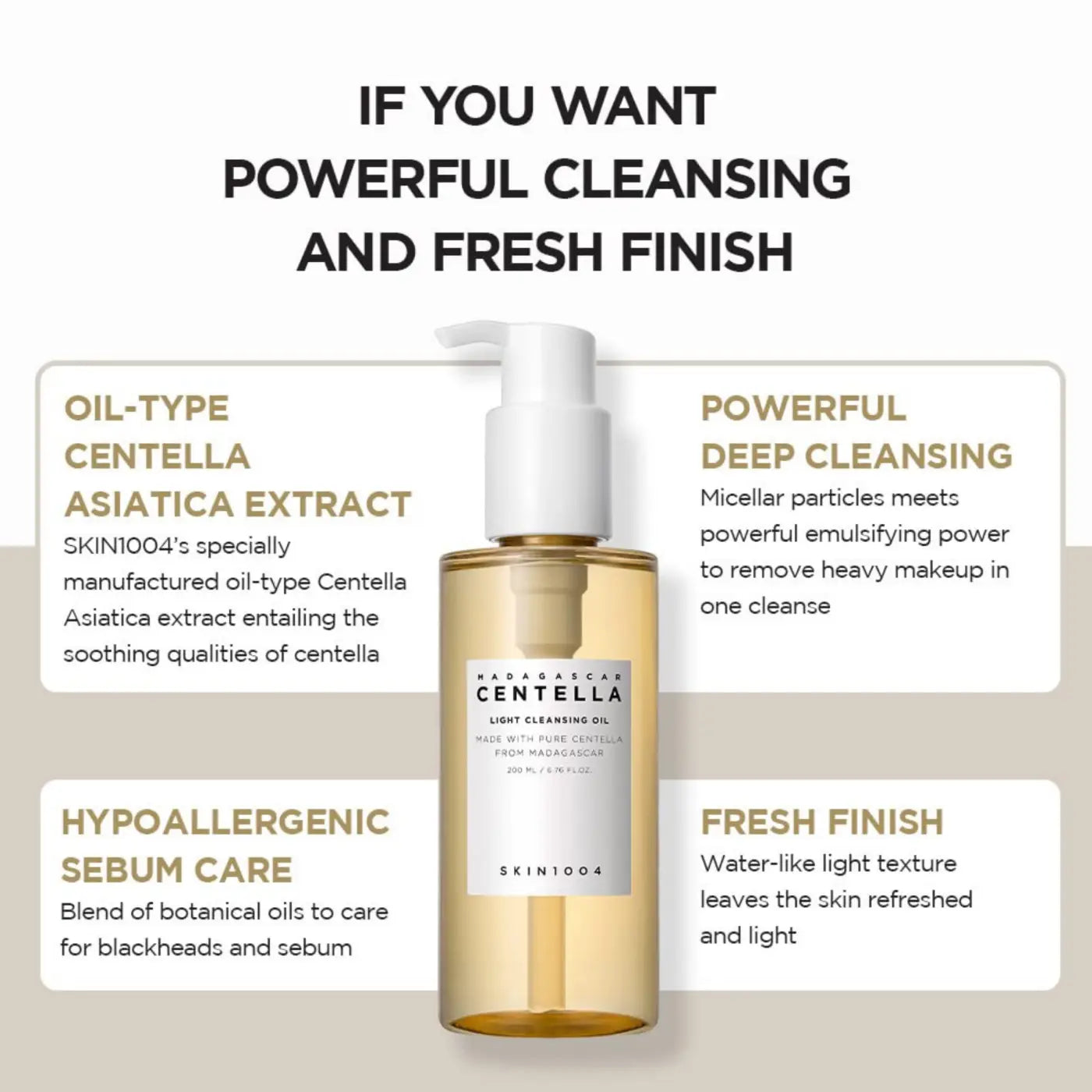 A clear glass bottle with white pump filled with golden-yellow madagascar centella light cleansing oil by skin1004