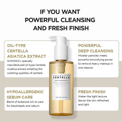 A clear glass bottle with white pump filled with golden-yellow madagascar centella light cleansing oil by skin1004