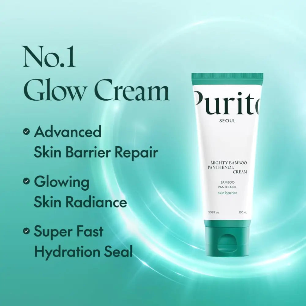 A sleek white tube of purito seoul mighty bamboo panthenol cream 100ml with a vibrant teal cap and label