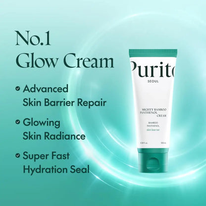 A sleek white tube of purito seoul mighty bamboo panthenol cream 100ml with a vibrant teal cap and label