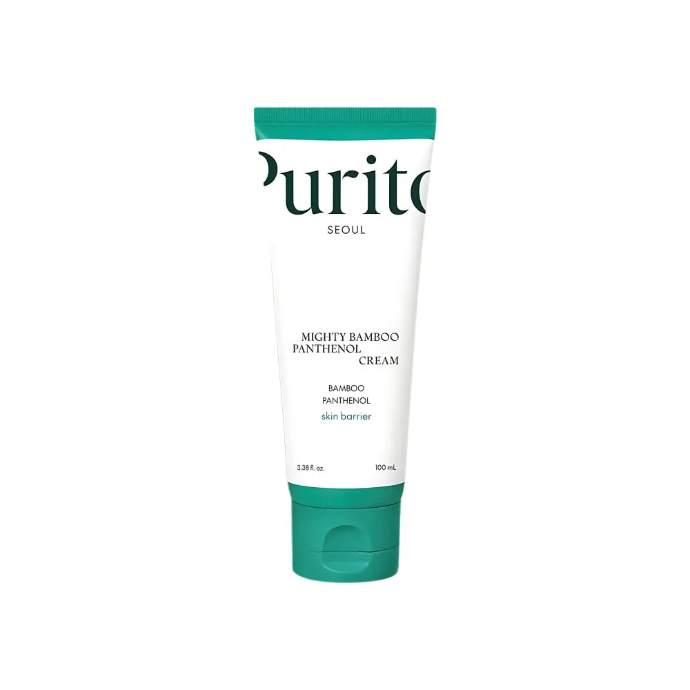 A sleek white tube with teal accents labeled mighty bamboo panthenol cream by purito seoul in 100ml size